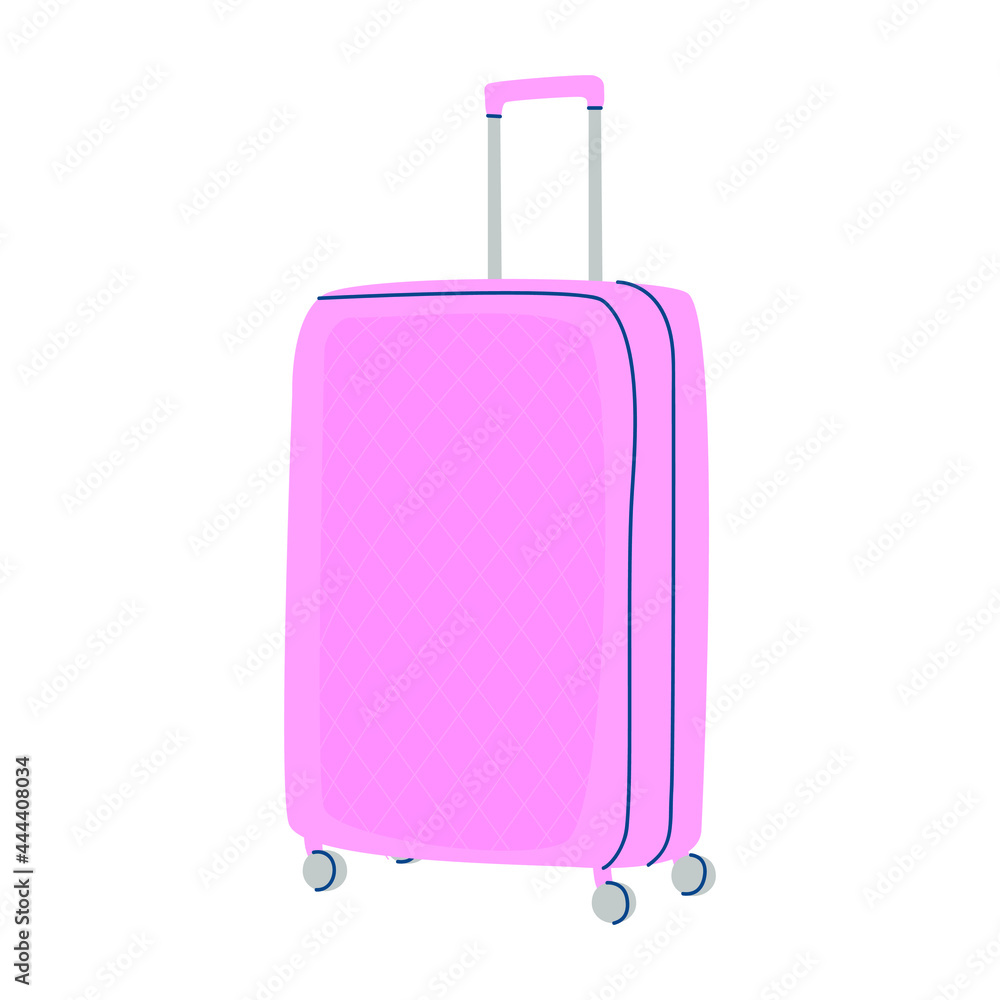 Flat vector cartoon illustration of a large pink suitcase on wheels of an isolated design on a white background. Flat vector cartoon illustration of a large pink suitcase on wheels of an isolated design on a white background.