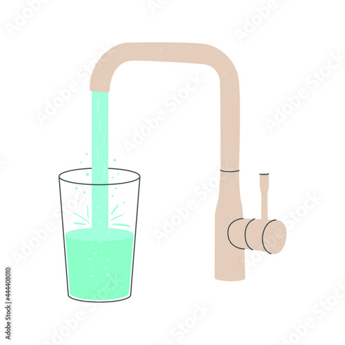 A flat vector cartoon illustration of a kitchen faucet from which water pours into a glass. Isolated design on a white background.