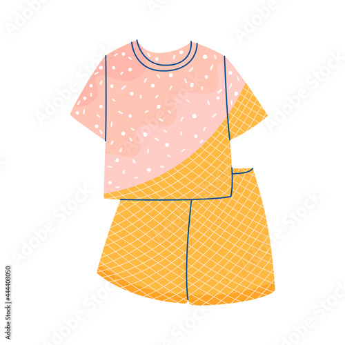 Flat vector cartoon illustration of pajamas consisting of a T-shirt and shorts with a pattern in the form of ice cream. Isolated design on a white background. 