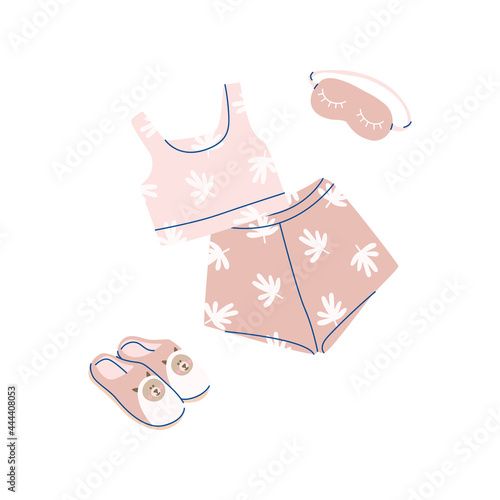 A flat vector cartoon set consisting of women's pajamas in beige tones, a sleep mask and cute slippers with a cat's face. Isolated design on a white background.