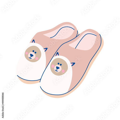 Flat vector cartoon illustration of cozy home shoes or children's Slippers and the face of an animal. Soft, comfortable shoes for comfort.