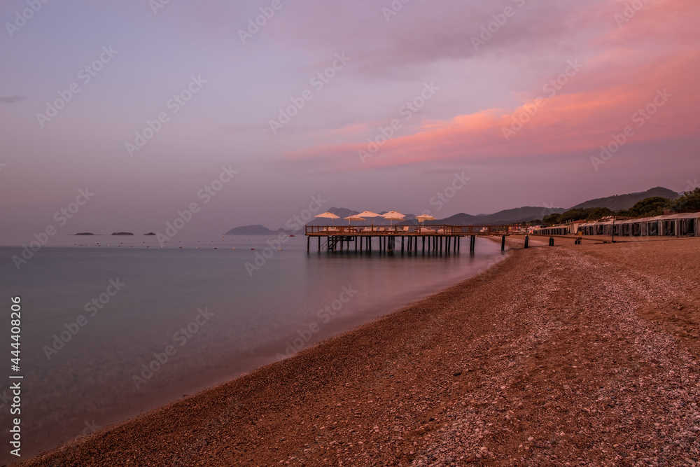 Beautiful sunrise at the beach of Turkish Riviera, Tekirova, Kemer, Antalya. May 2021