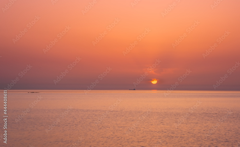 Picturesque Mediterranean seascape in Turkey. Sunrise in a small bay near the Tekirova village, District of Kemer, Antalya Province. May 2021