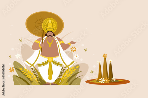 Illustration of King Mahabali holding umbrella with Onam floral designs. Onam is a harvest festival in Kerala, India