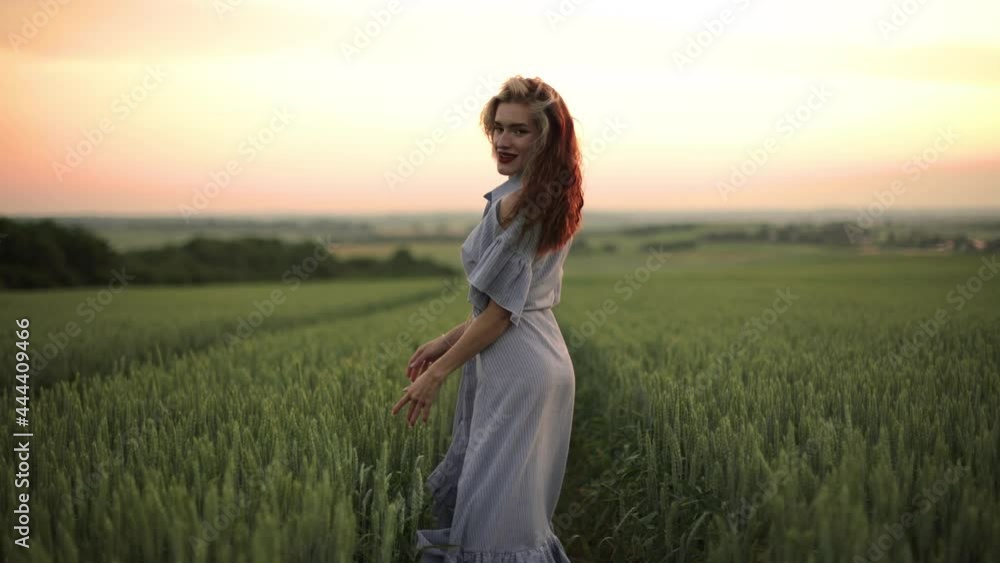 A young girl happily walking in slow motion through a field touching with hand wheat ears. Beautiful carefree woman enjoying nature and sunlight in wheat field at incredible colorful sunset A young girl happily walking in slow motion through a field touching with hand wheat ears. Beautiful carefree woman enjoying nature and sunlight in wheat field at incredible colorful sunset