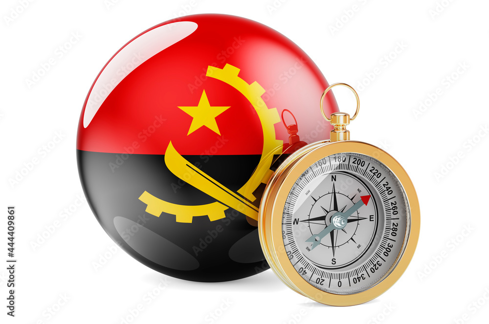 Compass with Angolan flag. Travel and tourism in Angola concept. 3D rendering Compass with Angolan flag. Travel and tourism in Angola concept. 3D rendering