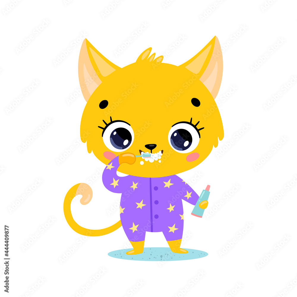 Vector flat doodle cute cartoon baby cat brushing teeth. Animals brush their teeth. Vector flat doodle cute cartoon baby cat brushing teeth. Animals brush their teeth.