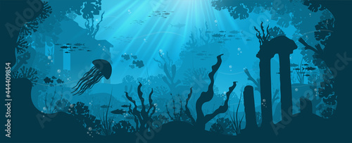 Underwater background with various sea views. Underwater scene. Cute sea fishes ocean underwater animals. Undersea bottom with corals seaweeds kids cartoon vector concept