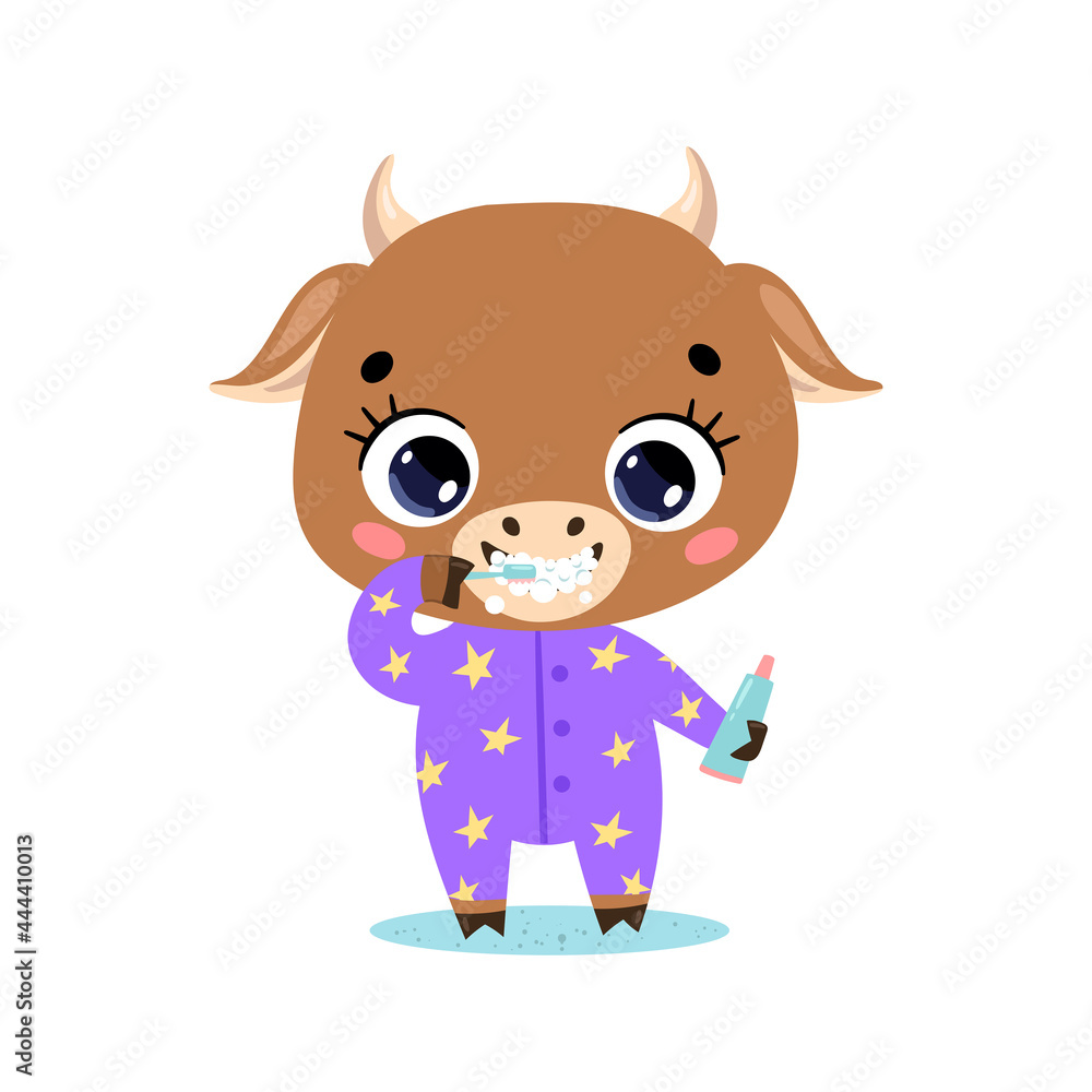 Vector flat doodle cute cartoon baby cow bull brushing teeth. Animals brush their teeth. Vector flat doodle cute cartoon baby cow bull brushing teeth. Animals brush their teeth.