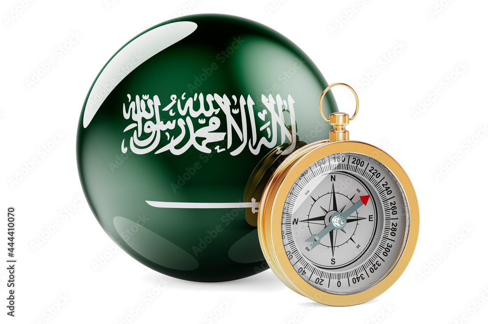 Compass with Saudi Arabian flag. Travel and tourism in Saudi Arabia concept. 3D rendering
