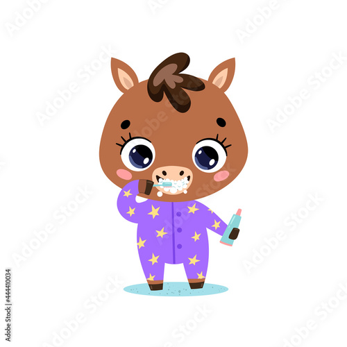 Vector flat doodle cute cartoon baby horse brushing teeth. Animals brush their teeth.