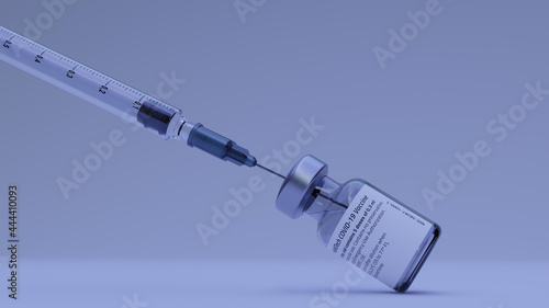 A Syringe getting vaccine out of a bottle with vaccine. 3D rendering.
