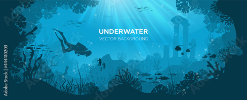 Underwater background with various sea views. Underwater scene. Cute sea fishes ocean underwater animals. Undersea bottom with corals seaweeds kids cartoon vector concept © Alice