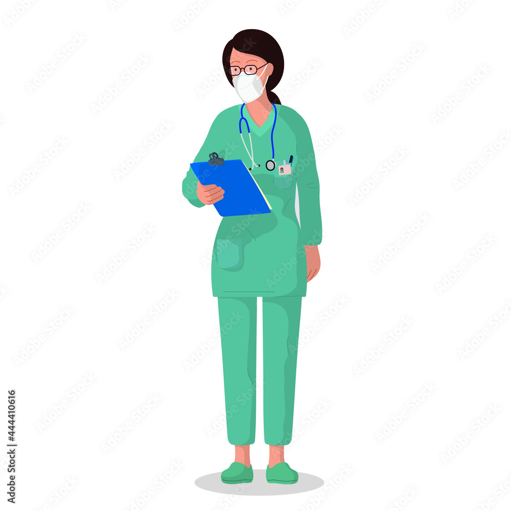 Vector illustration of a female doctor with protective mask. Professional doctor. Hospital worker. Vector illustration of a female doctor with protective mask. Professional doctor. Hospital worker.