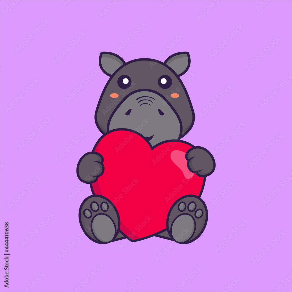 Cute hippopotamus holding a big red heart. Animal cartoon concept isolated. Can used for t-shirt, greeting card, invitation card or mascot. Flat Cartoon Style