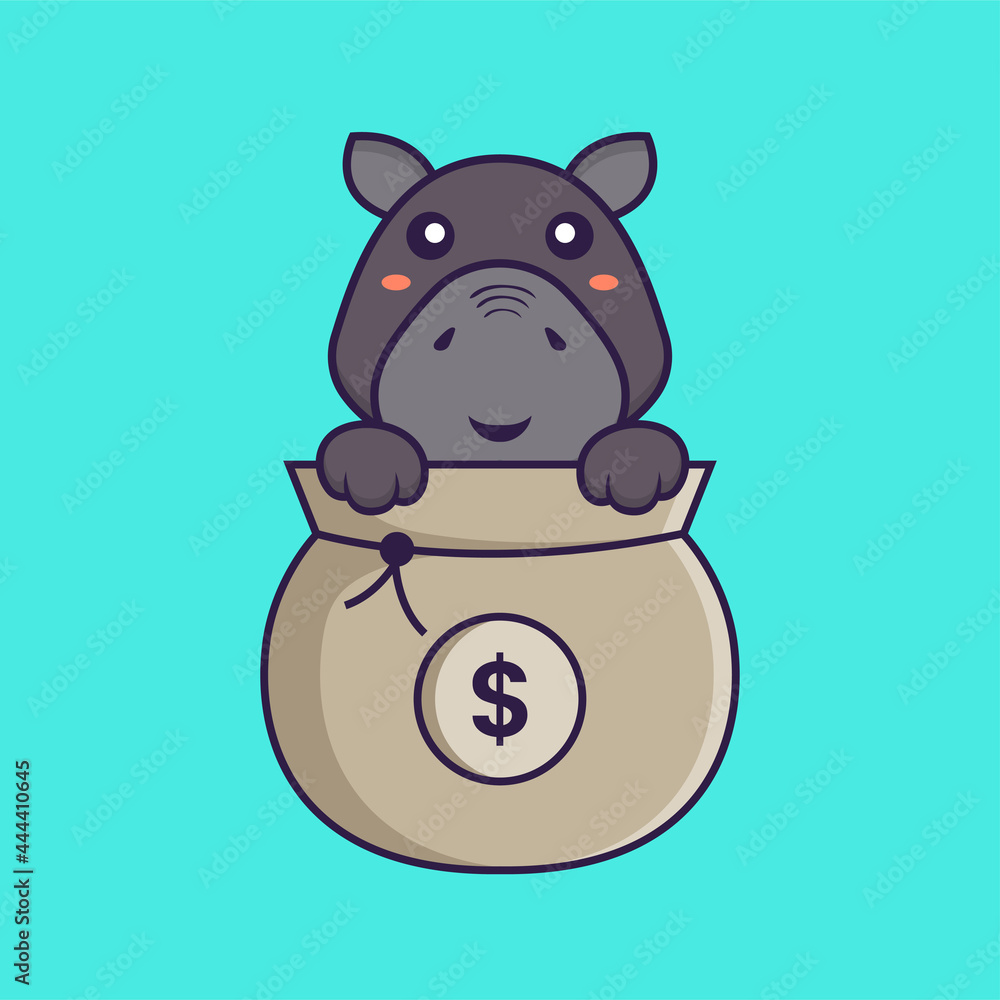 Naklejka premium Cute hippopotamus playing in money bag. Animal cartoon concept isolated. Can used for t-shirt, greeting card, invitation card or mascot. Flat Cartoon Style