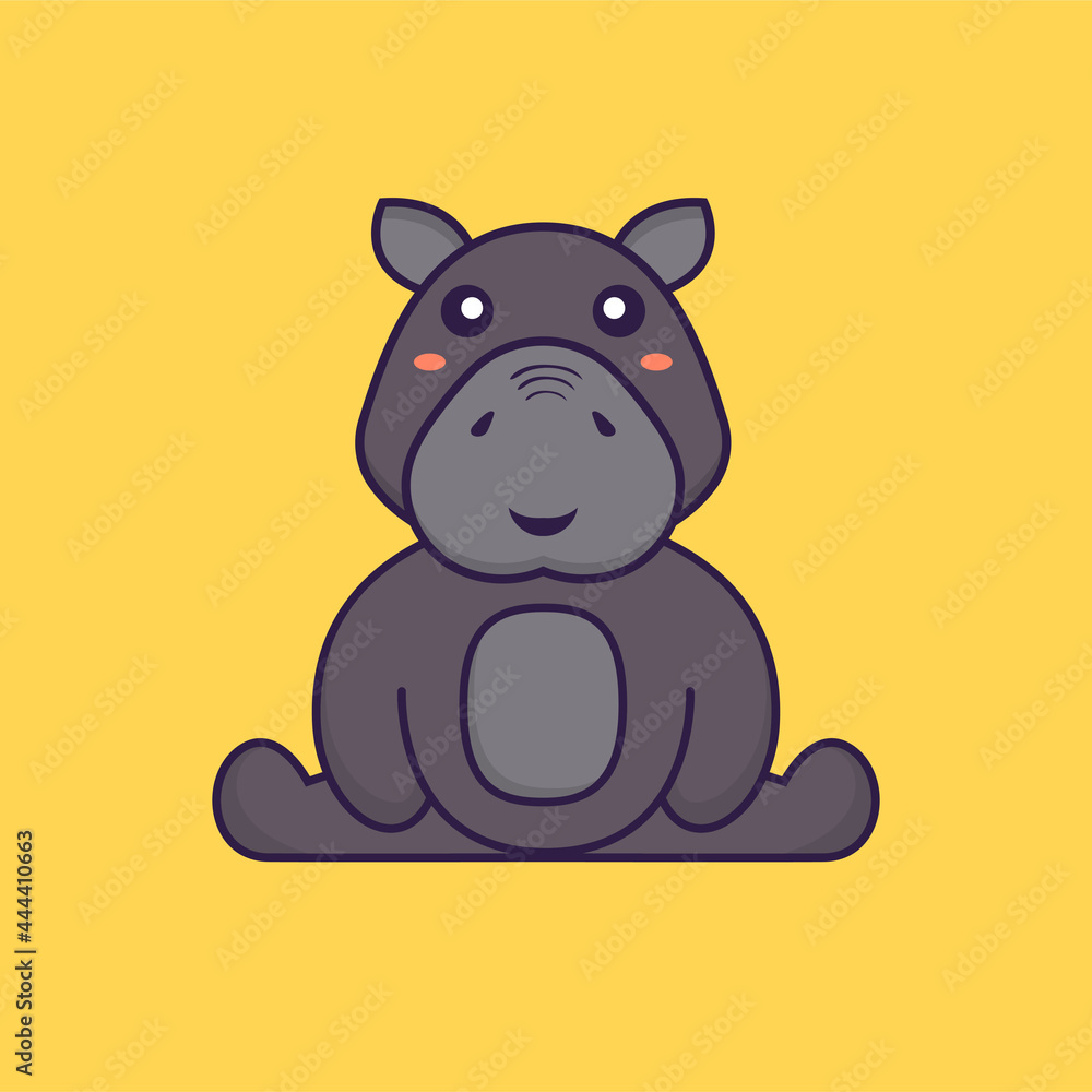 Naklejka premium Cute hippopotamus is sitting. Animal cartoon concept isolated. Can used for t-shirt, greeting card, invitation card or mascot. Flat Cartoon Style