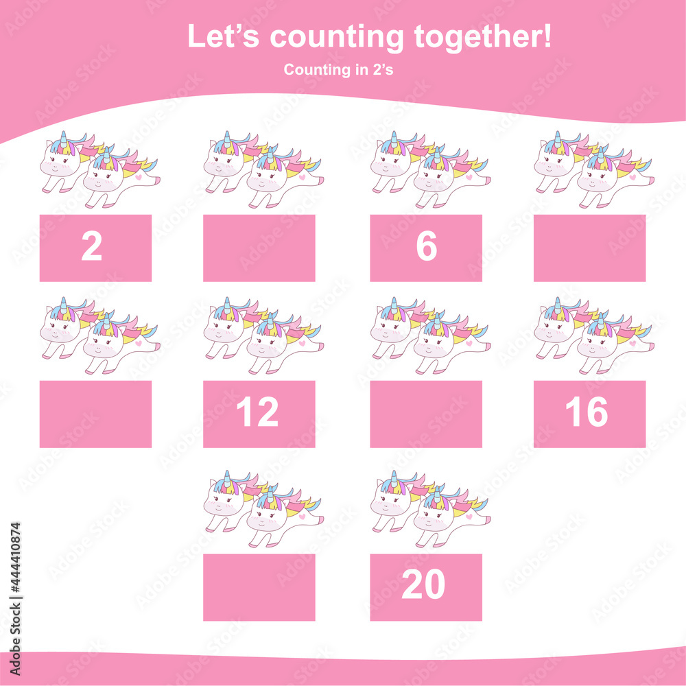 Counting unicorn game for children. Counting in 2s. Cute unicorn math worksheet. Educational printable math worksheet. Vector illustration in cartoon style. 