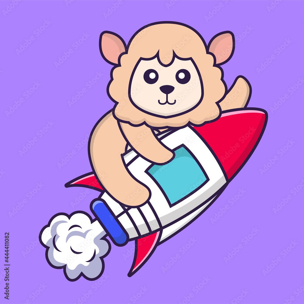 Cute sheep flying on rocket. Animal cartoon concept isolated. Can used for t-shirt, greeting card, invitation card or mascot. Flat Cartoon Style