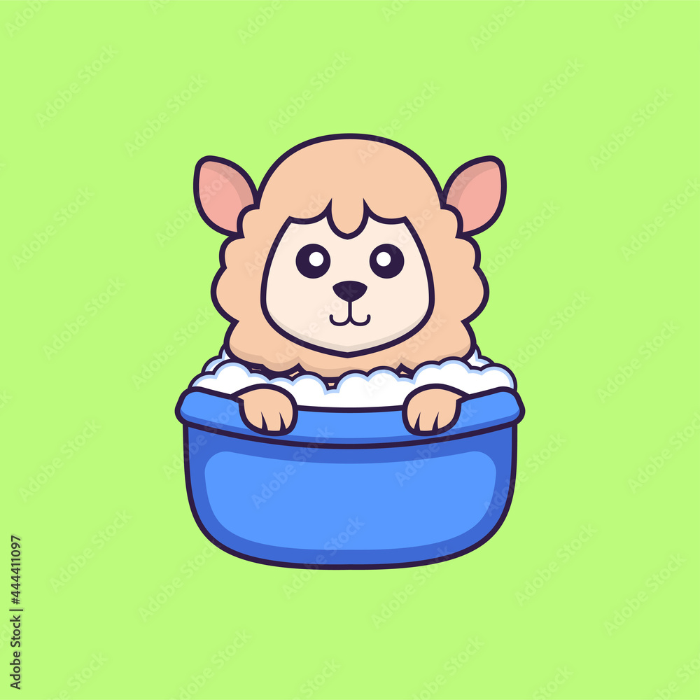 Cute sheep taking a bath in the bathtub. Animal cartoon concept isolated. Can used for t-shirt, greeting card, invitation card or mascot. Flat Cartoon Style Cute sheep taking a bath in the bathtub. Animal cartoon concept isolated. Can used for t-shirt, greeting card, invitation card or mascot. Flat Cartoon Style