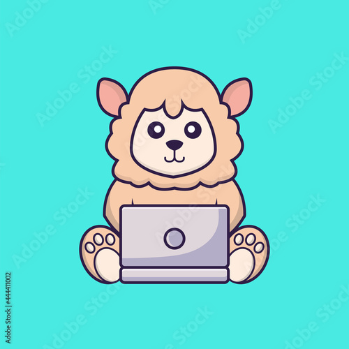 Cute sheep using laptop. Animal cartoon concept isolated. Can used for t-shirt, greeting card, invitation card or mascot. Flat Cartoon Style