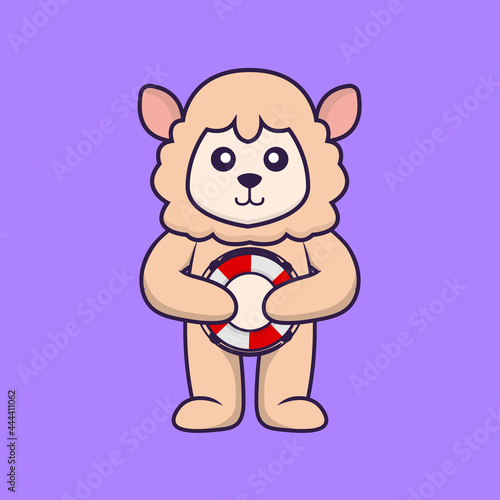 Cute sheep holding a buoy. Animal cartoon concept isolated. Can used for t-shirt, greeting card, invitation card or mascot. Flat Cartoon Style