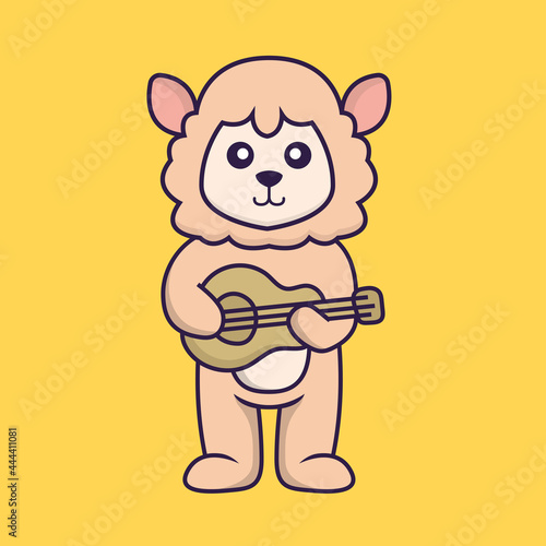 Cute sheep playing guitar. Animal cartoon concept isolated. Can used for t-shirt  greeting card  invitation card or mascot. Flat Cartoon Style