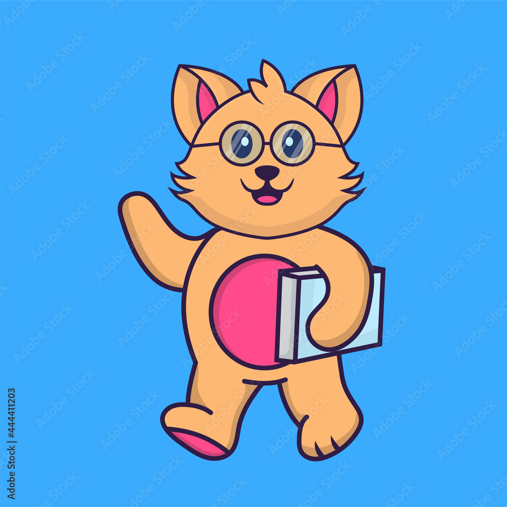 Cute cat holding a book. Animal cartoon concept isolated. Can used for t-shirt, greeting card, invitation card or mascot. Flat Cartoon Style Cute cat holding a book. Animal cartoon concept isolated. Can used for t-shirt, greeting card, invitation card or mascot. Flat Cartoon Style