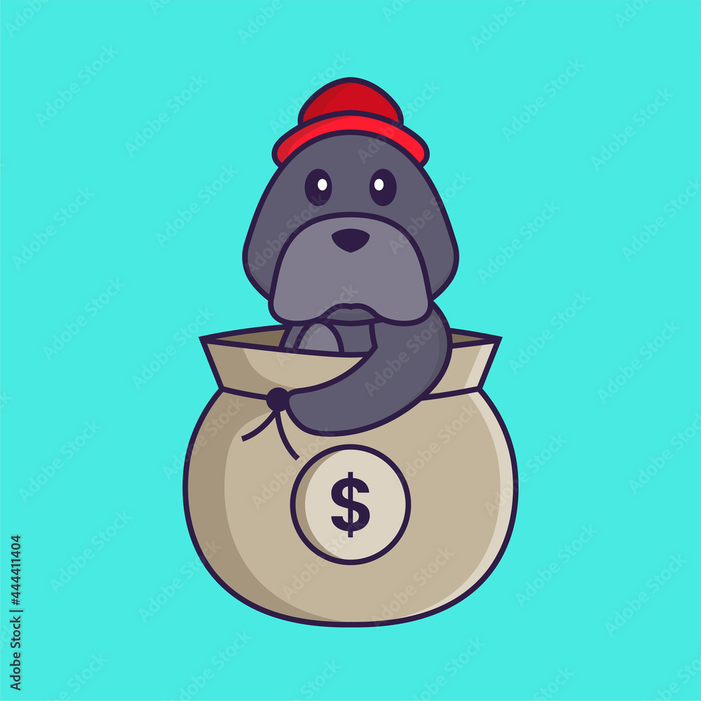 Naklejka premium Cute dog in a money bag. Animal cartoon concept isolated. Can used for t-shirt, greeting card, invitation card or mascot. Flat Cartoon Style