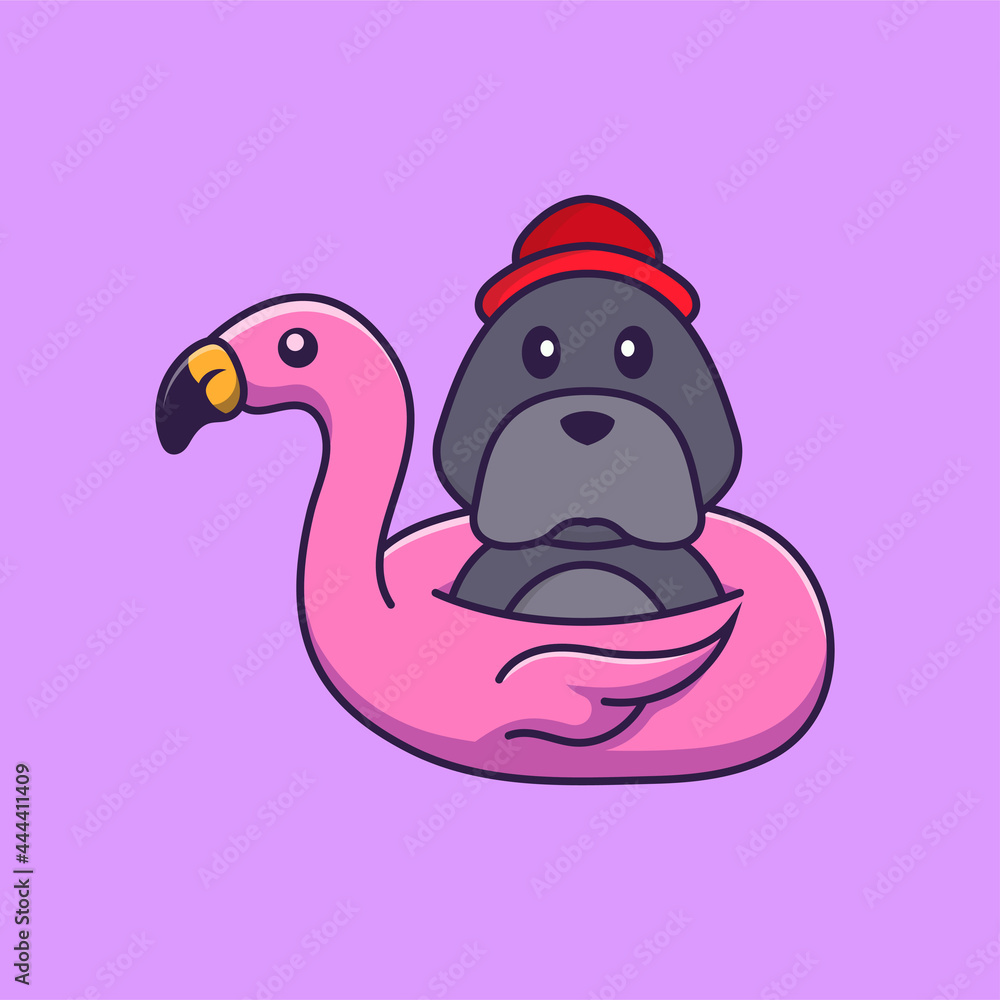 Cute dog With flamingo buoy. Animal cartoon concept isolated. Can used for t-shirt, greeting card, invitation card or mascot. Flat Cartoon Style Cute dog With flamingo buoy. Animal cartoon concept isolated. Can used for t-shirt, greeting card, invitation card or mascot. Flat Cartoon Style