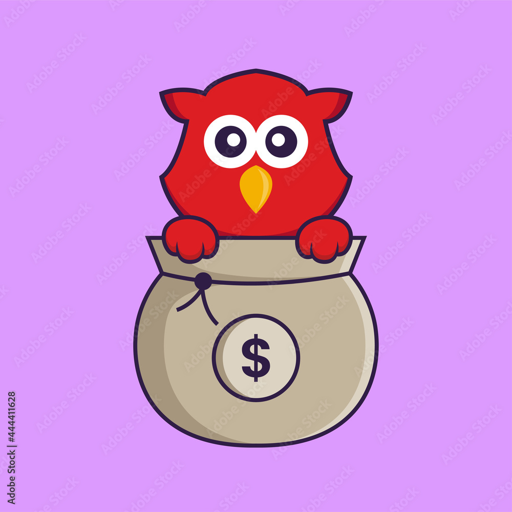 Cute bird playing in money bag. Animal cartoon concept isolated. Can used for t-shirt, greeting card, invitation card or mascot. Flat Cartoon Style