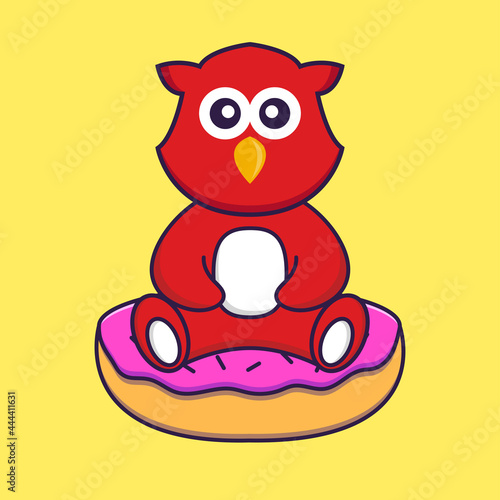 Cute bird is sitting on donuts. Animal cartoon concept isolated. Can used for t-shirt, greeting card, invitation card or mascot. Flat Cartoon Style © Turn