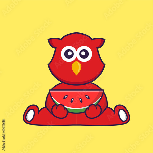 Cute bird eating watermelon. Animal cartoon concept isolated. Can used for t-shirt, greeting card, invitation card or mascot. Flat Cartoon Style © Turn