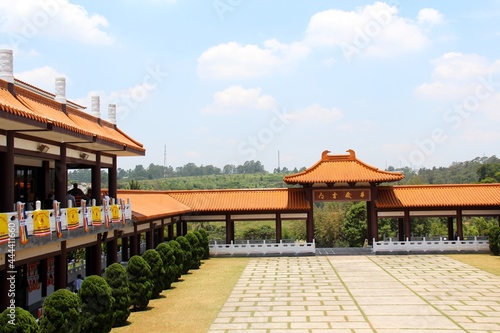 Zu Lai Buddhist Temple - View from the top of the stairs towards the welcome portal. photo