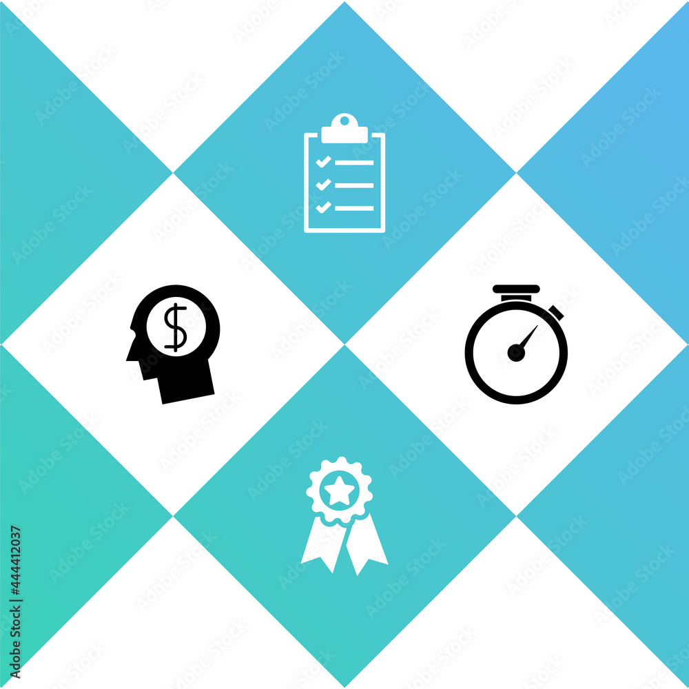 Set Business man planning mind, Medal with star, Clipboard checklist and Stopwatch icon. Vector Set Business man planning mind, Medal with star, Clipboard checklist and Stopwatch icon. Vector