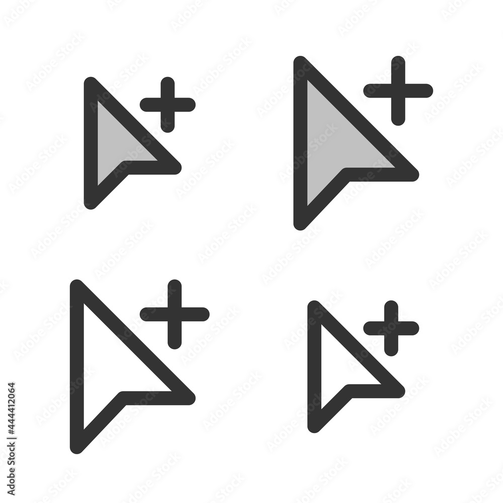 Pixel-perfect linear icon of pointer arrow with plus sign built on two base grids of 32x32 and 24x24 pixels. The initial line weight is 2 pixels. In two-color and one-color versions. Editable strokes Pixel-perfect linear icon of pointer arrow with plus sign built on two base grids of 32x32 and 24x24 pixels. The initial line weight is 2 pixels. In two-color and one-color versions. Editable strokes