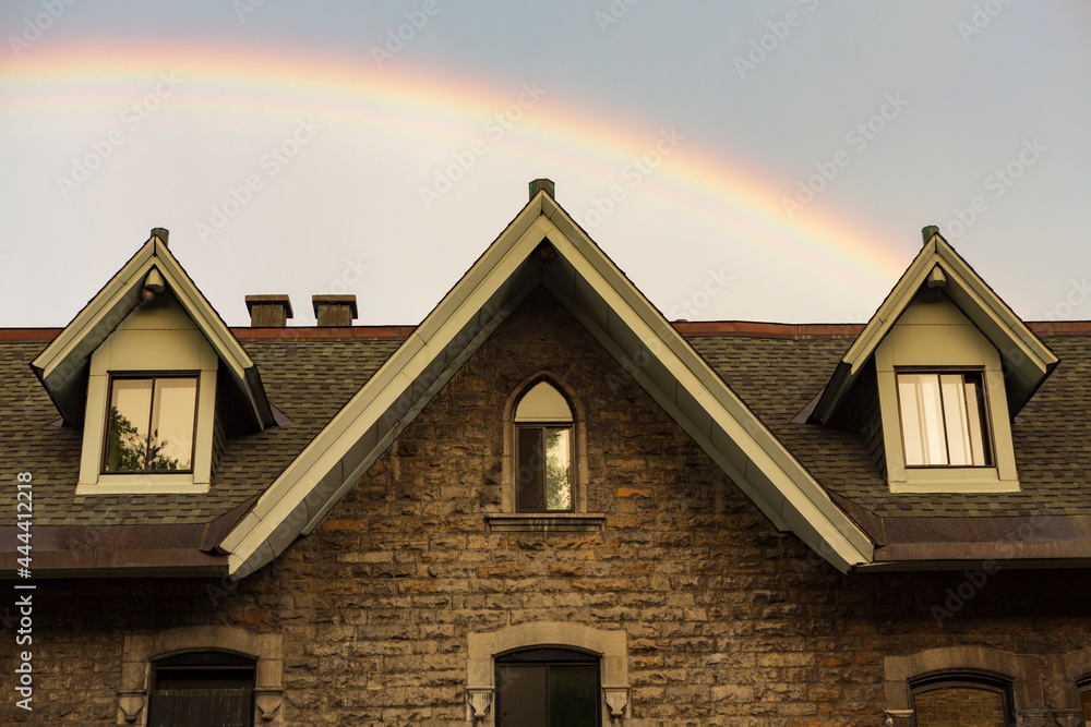 A double rainbow seen during a sunset over the Montreal skyline A double rainbow seen during a sunset over the Montreal skyline
