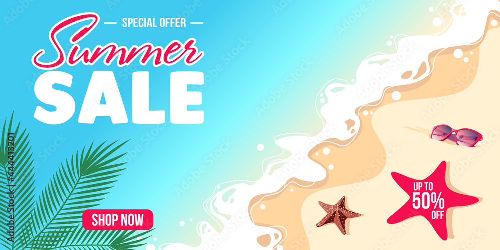 Summer sale horizontal banner design with summer beach
 with palm leaves, sunglasses, and sea star