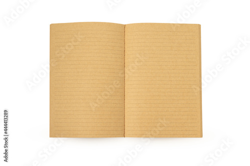 Open brown notebook on isolated white background