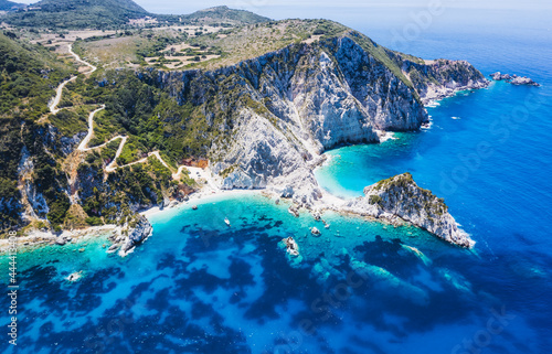 Fototapeta Naklejka Na Ścianę i Meble -  Aerial view Agia Eleni beach in Kefalonia Island, Greece. Remote beautiful rocky beach with clear emerald water and high white cliffs