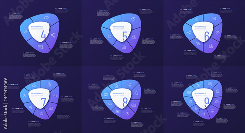 Set of vector circular infographic templates in the form of abstract shape divided by 4 5 6 7 8 9 parts