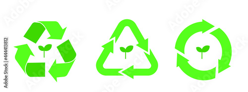 Set of green recycling icons with plant in the center. Vector.