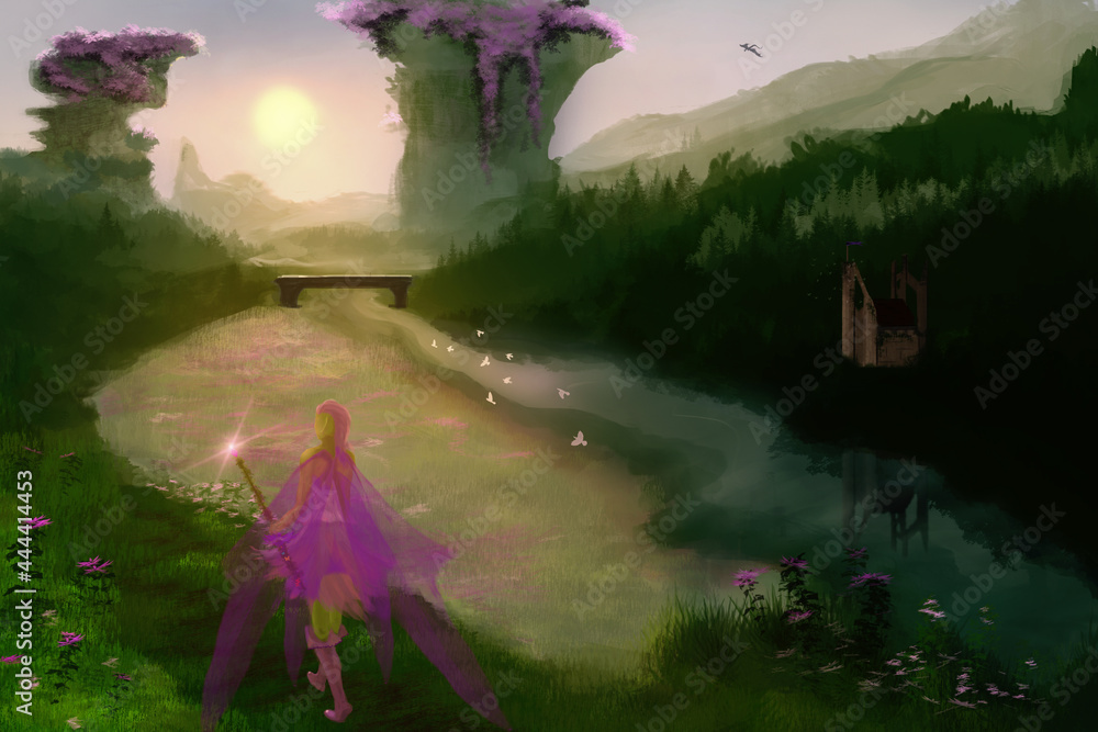 Fototapeta Fantasy landscape of elf walking down the valley