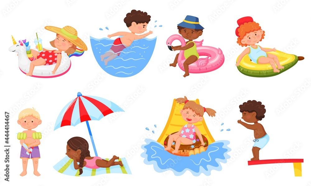 Obraz premium Kids swimming. Happy kid applying sunscreen, going down water slide. Cartoon children in swimsuit on beach, summer vacation vector set. Floating on inflatable rings, lying on towel