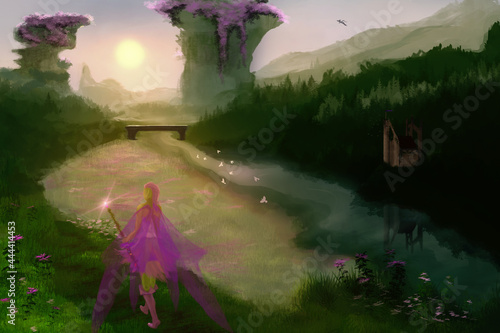 Fantasy landscape of elf walking down the valley