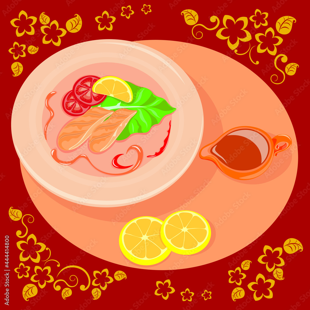 Amazing red fish dish, seasoned with spices and served with a piquant sauce Amazing red fish dish, seasoned with spices and served with a piquant sauce