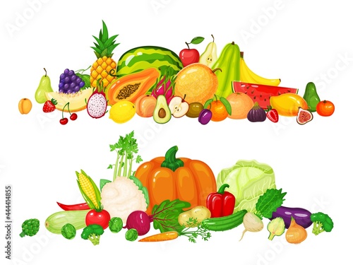 Fruit and vegetable piles. Apple kiwi cherry apple pepper, tomato pumpkin carrot cabbage. Fresh organic fruits and vegetables vector set. Tropical and exotic food, healthy lifestyle