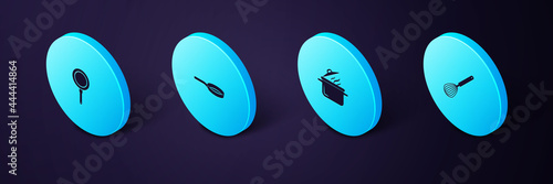 Set Isometric Kitchen whisk, Cooking pot, Frying pan and icon. Vector