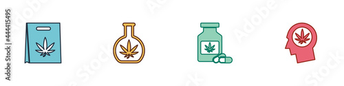 Set Shopping bag of marijuana, Test tube with, Medical bottle and Head profile icon. Vector