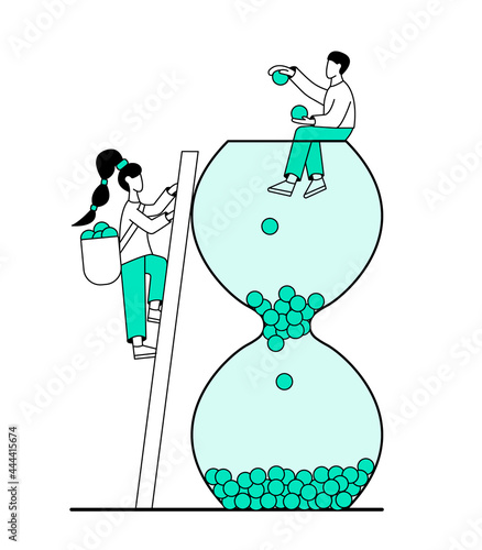 Concept: a guy sits on top of an hourglass and throws colored balls down. A girl with a basket full of balloons climbs up the stairs
